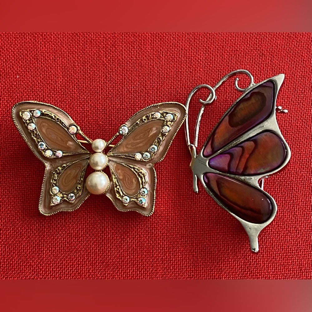 Vintage Rhinestone Butterfly pin with Faux Pearl, Stained Glass Butterfly
